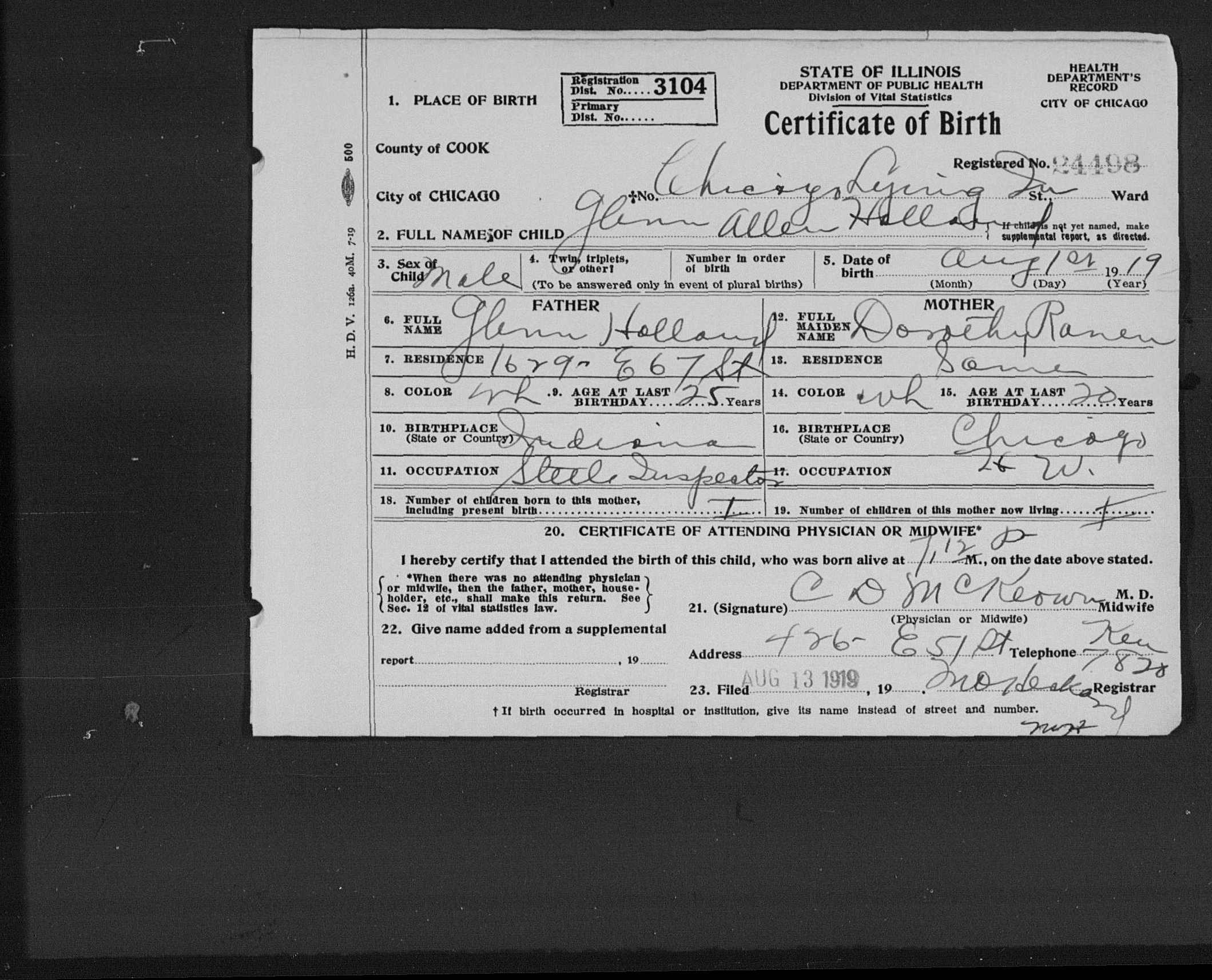 Glen Holland birth certificate  Chicago, August 1, 1919