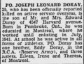 Leonard Doray obituary 1942